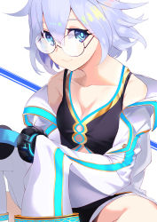 Rule 34 | 1girl, bare shoulders, black tank top, blue eyes, blue hair, breasts, cleavage, closed mouth, collarbone, commentary request, copyright request, glasses, hair between eyes, headphones, headphones removed, highres, holding, holding headphones, jacket, long sleeves, looking at viewer, off shoulder, open beta (vtuber), round eyewear, sitting, sleeves past fingers, sleeves past wrists, small breasts, smile, solo, soupchan, tank top, virtual youtuber, white jacket