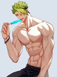 Rule 34 | 1boy, abs, absurdres, achilles (fate), black pants, bracelet, brown eyes, fate (series), fingernails, food, green hair, grey background, haruakira, highres, holding, holding food, holding popsicle, jewelry, large pectorals, male focus, muscular, muscular male, navel, no nipples, pants, pectorals, popsicle, short hair, sitting, solo, tongue, tongue out, topless male, undercut, veins, veiny arms, veiny crotch