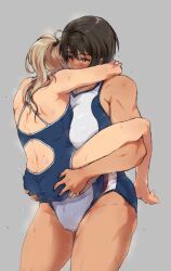 Rule 34 | 2girls, blonde hair, blue one-piece swimsuit, breasts, brown hair, carrying, competition swimsuit, dark-skinned female, dark skin, grey background, hair between eyes, height difference, highres, large breasts, long hair, m k, motion lines, multiple girls, one-piece swimsuit, original, red eyes, short hair, simple background, small breasts, standing, sweat, swimsuit, tan, thick thighs, thighs, tomboy, yuri