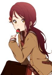 Rule 34 | 1girl, alternate hairstyle, bad id, bad pixiv id, bow, bowtie, brown cardigan, cardigan, eating, food, fruit, hair ornament, heart, heart hair ornament, highres, icehotmilktea, long sleeves, looking at viewer, love live!, love live! school idol festival, love live! sunshine!!, red hair, sailor collar, sakurauchi riko, school uniform, simple background, sleeves past wrists, solo, strawberry, thighhighs, twintails, white background, yellow eyes