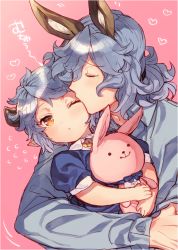 Rule 34 | 1boy, 1girl, :x, animal ears, blue dress, blue hair, blue shirt, blush, closed eyes, closed mouth, collared shirt, cow ears, cow horns, drang (granblue fantasy), dress, eno yukimi, father and daughter, flying sweatdrops, granblue fantasy, head tilt, heart, hetero, holding, holding stuffed toy, horns, hug, if they mated, kiss, long hair, long sleeves, looking at viewer, one eye closed, orange eyes, pink background, pointy ears, shirt, short hair, short sleeves, simple background, stuffed animal, stuffed rabbit, stuffed toy, upper body, wavy hair