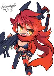 Rule 34 | 1girl, :d, absurdres, belt, black belt, black gloves, black jacket, black pants, breasts, chibi, cleavage, clothing cutout, commentary, cropped jacket, crotch plate, dated, fang, fingerless gloves, full body, gloves, goddess of victory: nikke, gun, hair between eyes, hair flaps, highres, hip vent, holding, holding gun, holding weapon, horns, jacket, kuro (soreikemofu), large breasts, leather, leather jacket, leather pants, leg cutout, long hair, long sleeves, looking at viewer, mechanical horns, midriff, navel, open clothes, open jacket, open mouth, over shoulder, pants, red hair, red hood (nikke), red jacket, red scarf, rifle, scarf, sidelocks, signature, simple background, smile, sniper rifle, solo, standing, suspenders, teeth, twitter username, upper teeth only, weapon, weapon over shoulder, white background, yellow eyes