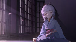 Rule 34 | 1girl, absurdres, against wall, aged down, ayaka (genshin impact), blue hair, blue hakama, blue kimono, blunt bangs, blunt tresses, closed eyes, commentary request, darkcatowo, facing viewer, foot out of frame, genshin impact, hair ribbon, hakama, highres, holding, indoors, japanese clothes, kimono, light blue hair, light particles, long sleeves, medium hair, neck tassel, night, on ground, parted lips, petals, ribbon, solo, tress ribbon, wide sleeves