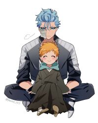 Rule 34 | 2boys, ^ ^, alternate costume, black jacket, black kimono, black pants, bleach, bleach: epilogue, bleach: sennen kessen-hen, blue eyes, blue hair, blush stickers, child, closed eyes, closed mouth, commentary request, contemporary, facial mark, facing viewer, frown, full body, grimmjow jaegerjaquez, hair between eyes, happy, highres, indian style, jacket, japanese clothes, kimono, kurosaki kazui, long sleeves, looking at another, looking down, multiple boys, orange hair, pants, puff of air, short hair, simple background, sitting, sitting on lap, sitting on person, sleeves rolled up, straight-on, track jacket, twitter username, v-shaped eyebrows, white background, wide sleeves, yanono 015