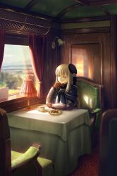 Rule 34 | 1girl, asagi futsuka, black hat, blonde hair, blue eyes, booth seating, cake, carpet, chair, cup, curtains, fate/grand order, fate (series), food, gloves, hand on own chin, hat, highres, indoors, lampshade, long hair, looking outside, lord el-melloi ii case files, plate, reines el-melloi archisorte, saucer, sitting, smile, solo, table, teacup, tilted headwear, train interior, tree, window