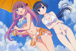 Rule 34 | 10s, 2girls, a-1 pictures, absurdres, akishino himeka, asymmetrical bangs, bikini, black hair, blue eyes, blue sky, breast hold, breasts, cleavage, cloud, collarbone, day, dutch angle, expressionless, fuyuumi ai, highres, large breasts, legs, long hair, looking at viewer, midriff, multiple girls, navel, nyantype, official art, ore no kanojo to osananajimi ga shuraba sugiru, outdoors, pink hair, purple eyes, scan, shimizu sorato, sky, standing, stomach, swimsuit, thigh gap, thighs, underboob