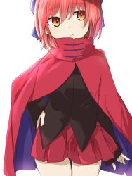 Rule 34 | 1girl, black shirt, blue bow, bow, cloak, closed mouth, cowboy shot, hair bow, hand on own hip, highres, long sleeves, looking to the side, pleated skirt, red eyes, red hair, red skirt, sekibanki, shirt, short hair, simple background, skirt, solo, touhou, tyouseki, white background