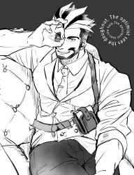 Rule 34 | 1boy, bara, beard, collared shirt, couch, facial hair, greyscale, hair slicked back, highres, large pectorals, leather, looking at viewer, male focus, mature male, monochrome, multicolored hair, muscular, muscular male, necktie, ok sign, ok sign over eye, on couch, oscar (housamo), pectorals, shirt, short hair, sitting, smile, smirk, solo, tass commuovere, tokyo houkago summoners, two-tone hair