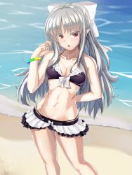 Rule 34 | 00s, 1girl, :o, arm behind back, ban (bannyata), beach, bikini, bikini skirt, blurry, blush, bow, bow bikini, bracelet, breasts, cleavage, collarbone, colored eyelashes, contrapposto, day, depth of field, fang, frilled bikini, frills, groin, hair bow, twirling hair, hand up, highres, jewelry, layered bikini, legs apart, long hair, looking at viewer, medium breasts, melty blood, narrow waist, navel, ocean, open mouth, outdoors, parted bangs, pointy ears, red eyes, sidelocks, solo, standing, sweat, swimsuit, toned, tsukihime, very long hair, water, white bow, white hair, white len (tsukihime), wristband