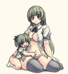 Rule 34 | 2girls, ;d, age difference, black legwear, bottomless, breasts, child, cleavage, dress shirt, family, green hair, large breasts, long hair, looking at viewer, mil (xration), mother and daughter, multiple girls, no bra, no panties, one eye closed, open clothes, open mouth, open shirt, shirt, sitting, size difference, smile, thighhighs, wink, yokozuwari