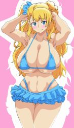 Rule 34 | 1girl, armpits, arms up, asymmetrical hair, bare shoulders, bikini, blue bikini, blue eyes, blush, breasts, cleavage, closed mouth, collarbone, color trace, colorized, commentary request, frilled bikini, frills, galko, gyaru, hair bun, hair ornament, hair scrunchie, highres, huge breasts, kogal, legs together, long hair, looking at viewer, micro bikini, mitarashi o, navel, one side up, oshiete! galko-chan, scrunchie, shiny skin, side bun, single side bun, skindentation, solo, standing, swimsuit, underboob