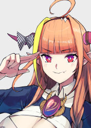 Rule 34 | ahoge, blonde hair, blunt bangs, blush, bow, breasts, brown hairband, cleavage, cleavage cutout, closed mouth, clothing cutout, fang, fangs, fingernails, gem, gradient background, gradient horns, hairband, highres, hololive, horn bow, horn ornament, horns, kiryu coco, kiryu coco (1st costume), large breasts, long hair, multicolored hair, multicolored horns, not nodu, orange hair, pointy ears, red eyes, salute, skin fang, solo, striped, striped bow, upper body, virtual youtuber