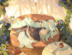 Rule 34 | 1girl, animal ear fluff, animal ears, bird, black skirt, brown pantyhose, closed eyes, commission, couch, covered mouth, cup, curtains, dappled sunlight, day, flower, fox ears, fox girl, fox tail, frilled skirt, frills, from above, full body, gomafuto, green hair, hair flower, hair ornament, highres, holding own tail, hugging own tail, hugging tail, indoors, leaf, long hair, long sleeves, lying, mug, multiple tails, no shoes, on back, on couch, original, pantyhose, pencil, purple flower, scenery, skeb commission, sketchbook, skirt, sleeping, solo, sunlight, table, tail, thank you, wide sleeves, wind, window