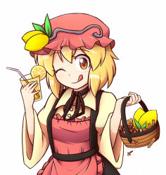 Rule 34 | 1girl, ;q, aki minoriko, apron, basket, blonde hair, cinnamon stick, clove, cup, drinking glass, drinking straw, food, fruit, happy, hat, lemon, lemonade, licking lips, long sleeves, looking at viewer, mob cap, one eye closed, red eyes, shirt, simple background, skirt, smile, solo, tongue, tongue out, touhou, white background, wide sleeves, wool (miwol)