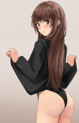 Rule 34 | 1girl, amagami, ass, black jacket, black one-piece swimsuit, black sailor collar, brown eyes, brown hair, competition swimsuit, cowboy shot, from behind, gradient background, highres, jacket, kamizaki risa, kibito high school uniform, lifting own clothes, long hair, looking at viewer, one-piece swimsuit, sailor collar, school uniform, solo, swimsuit, swimsuit under clothes, yoo tenchi