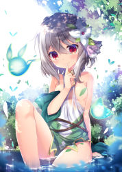 Rule 34 | 1girl, backlighting, bare shoulders, blush, breasts, collar, commentary request, convenient censoring, dress, finger to mouth, flower, green dress, grey hair, hair between eyes, hair flower, hair ornament, hitodama, knee up, kokkoro (princess connect!), leaf, looking at viewer, medium hair, nanamomo rio, partially submerged, pointy ears, princess connect!, red eyes, sidelocks, small breasts, smile, solo, swept bangs, tree, wardrobe malfunction, water, wet, wet clothes, wet dress, white dress