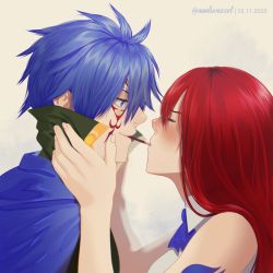 Rule 34 | 1boy, 1girl, annlu vazzel, arm tattoo, artist name, blue bow, blue eyes, blue hair, blush, bow, bowtie, commentary, couple, dated, english commentary, erza scarlet, closed eyes, facing another, fairy tail, food, from side, hand on another&#039;s face, hand up, hetero, highres, jellal fernandes, long hair, looking at another, pocky, pocky day, profile, red hair, shared food, short hair, tattoo, upper body