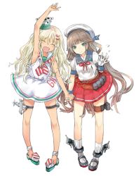 Rule 34 | 2girls, armpits, blonde hair, blue sailor collar, closed eyes, depth charge, dress, facing viewer, full body, gloves, grecale (kancolle), green eyes, grey hair, hat, hip vent, holding hands, kantai collection, long hair, looking at viewer, low twintails, mikura (kancolle), mini hat, multiple girls, neckerchief, open clothes, pink ribbon, pleated skirt, puffy short sleeves, puffy sleeves, red skirt, renon (tenle), ribbon, sailor collar, sailor dress, sailor hat, sailor shirt, shirt, short sleeves, side-tie dress, simple background, skirt, sleeveless, sleeveless dress, smile, socks, striped neckerchief, striped neckwear, tan, twintails, undershirt, waving, white background, white dress, white gloves, white legwear, white sailor collar, white shirt