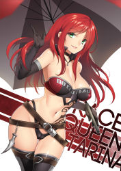 Rule 34 | 1girl, absurdres, alternate costume, bare shoulders, breasts, cameltoe, choker, cleavage, covered erect nipples, curvy, elbow gloves, fuya (tempupupu), gloves, green eyes, highres, katarina (league of legends), large breasts, league of legends, long hair, looking at viewer, navel, parted lips, race queen, red hair, smile, solo, standing, thighhighs, umbrella, wide hips