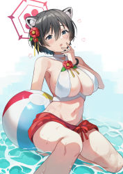 Rule 34 | 1girl, animal ears, ball, bikini, black hair, blue archive, blue eyes, blush, breasts, commentary request, flower, hair flower, hair ornament, halo, highres, hoshiko (419401x), large breasts, looking at viewer, navel, open mouth, short hair, sitting, solo, summer, swimsuit, tsubaki (blue archive), water, wet, white bikini