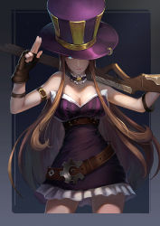 Rule 34 | 1girl, arm belt, bare shoulders, belt, black gloves, blue eyes, breasts, brown hair, buckle, caitlyn (league of legends), choker, cleavage, covered eyes, cowboy shot, dress, female focus, fingerless gloves, frilled dress, frills, gears, gloves, gun, hat, highres, holding, holding weapon, jewelry, jill besson (vordandan), karasu kame ex, large breasts, league of legends, long hair, looking at viewer, over shoulder, purple dress, rifle, ring, salute, shirt, short dress, solo, striped, taut clothes, taut shirt, top hat, two-finger salute, very long hair, weapon, weapon over shoulder