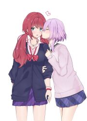 Rule 34 | 2girls, asakura hinata (ayahina), ayahina channel, blue sweater, blush, commentary request, highres, hiiragi ayaka (ayahina), jewelry, kiss, kissing cheek, long hair, low twintails, multiple girls, necklace, pink sweater, pleated skirt, purple hair, red hair, school uniform, short hair with long locks, skirt, sweater, twintails, virtual youtuber, yuri