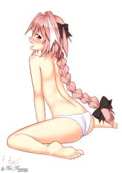 Rule 34 | 1boy, absurdres, ass, astolfo (fate), bare shoulders, barefoot, blush, bow, braid, fang, fate/apocrypha, fate/grand order, fate (series), hadaparuka, highres, long hair, looking at viewer, male focus, open mouth, panties, pink eyes, pink hair, ribbon, shiny skin, single braid, sitting, solo, transparent background, trap, underwear, very long hair, wariza