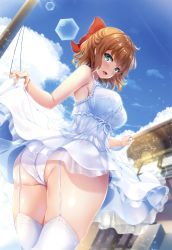Rule 34 | 1girl, absurdres, ass, blurry, blurry background, blush, bow, brown hair, building, clothes lift, cloud, cloudy sky, crotch seam, day, depth of field, dress, dress lift, dutch angle, from behind, garter straps, green eyes, hair bow, highres, hinata sora, hip focus, huge ass, legs, lens flare, lifting own clothes, light blush, light particles, lips, looking at viewer, looking back, open mouth, original, outdoors, panties, petticoat, red bow, short hair, sky, smile, spaghetti strap, standing, sundress, thick thighs, thighhighs, thighs, underwear, utility pole, white dress, white thighhighs, wide hips