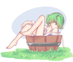 Rule 34 | 1girl, bare legs, bare shoulders, barefoot, bucket, female focus, full body, grass, green eyes, green hair, hair bobbles, hair ornament, highres, kisume, looking at viewer, matching hair/eyes, short twintails, solo, touhou, twintails, yoruny