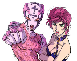 Rule 34 | 1girl, bad id, bad pixiv id, breasts, choker, cleavage, clenched hand, dated, green eyes, jojo no kimyou na bouken, lipstick, makeup, medium breasts, muyoucun, open mouth, pink hair, pink lips, signature, spice girl (stand), stand (jojo), strap, trish una, vento aureo