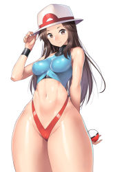 Rule 34 | 1girl, adapted costume, breasts, brown eyes, brown hair, creatures (company), curvy, female focus, game freak, hat, leaf (pokemon), long hair, looking at viewer, medium breasts, nagase haruhito, navel, nintendo, poke ball, poke ball (basic), pokemon, pokemon frlg, porkpie hat, shiny skin, simple background, smile, solo, stomach, super smash bros., thick thighs, thighs, thong, underwear, white background