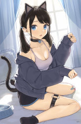 Rule 34 | 1girl, absurdres, animal ears, bandaid, bandaid on knee, bandaid on leg, black hair, black jacket, black nails, black shorts, black socks, blue eyes, bowl, breasts, camisole, cat ears, cat tail, cleavage, crossed bandaids, curtains, fake animal ears, fang, frilled pillow, frills, grey camisole, hands up, highres, hood, hood down, hooded jacket, indoors, jacket, looking at viewer, low twintails, medium breasts, nail polish, no shoes, o-ring, off shoulder, open clothes, open jacket, open mouth, original, paw pose, pet bowl, pillow, short shorts, shorts, sitting, socks, solo, tail, takenoko no you, thigh strap, thighs, twintails, wariza, window