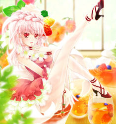 Rule 34 | 1girl, braid, dress, flower, flower necklace, food, frills, fruit, glass, high heels, jewelry, looking at viewer, necklace, nishiwaki yuuri, open mouth, original, pantyhose, pink dress, pink hair, pink skirt, ribbon, skirt, solo, strawberry