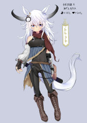 Rule 34 | 1girl, animal ears, bare shoulders, black gloves, boots, brown footwear, character name, cross-laced footwear, detached sleeves, ear ornament, elden ring, elden ring (object), eyes visible through hair, fingerless gloves, full body, furaggu, gameplay mechanics, gloves, hair between eyes, highres, horns, horse ears, horse girl, horse tail, lace-up boots, looking at viewer, messy hair, personification, purple background, purple eyes, red scarf, scarf, sheath, sheathed, sidelocks, single detached sleeve, single vambrace, solo, sparkle, sword, tachi-e, tail, torrent (elden ring), translated, umamusume, vambraces, weapon, white hair, wrist belt