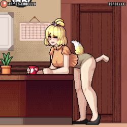 Rule 34 | 1boy, 1girl, animal crossing, animated, animated gif, artist name, ass, barefoot, bent over, blonde hair, blush, bouncing breasts, breasts, character name, cleavage, collarbone, commentary, cup, disembodied penis, english commentary, eyelashes, feet, hetero, highres, holding, holding cup, isabelle (animal crossing), james cabello, medium breasts, midriff, mug, nintendo, one eye closed, open mouth, penis, personification, pixel art, plant, potted plant, sex, sex from behind, standing, standing sex, tail, tail wagging, testicles