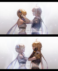 Rule 34 | 1boy, 1girl, aether (genshin impact), ahoge, arm armor, armor, bare shoulders, belt, black border, black pants, black shirt, blonde hair, border, braid, breasts, brother and sister, brown belt, brown gloves, closed eyes, closed mouth, commentary, covering own mouth, detached sleeves, dress, earrings, english commentary, english text, flower, genshin impact, gloves, gradient background, grey background, hair between eyes, hair flower, hair ornament, hand on another&#039;s face, hand on another&#039;s head, hand up, jewelry, long hair, long sleeves, looking at another, lumine (genshin impact), medium breasts, pants, scarf, shirt, short hair, short hair with long locks, short sleeves, shoulder armor, siblings, sidelocks, simple background, single earring, smile, solreiru, standing, white background, white dress, white flower, white scarf, yellow eyes
