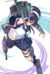 Rule 34 | 1girl, aiming up, black hair, blue sailor collar, blue skirt, breasts, brown eyes, cannon, commentary request, dated, gegeron, hairband, highres, kantai collection, kneehighs, large breasts, long hair, midriff, open mouth, outstretched arm, pleated skirt, rigging, rudder footwear, sailor collar, school uniform, serafuku, shirt, simple background, skirt, socks, solo, torpedo tubes, ushio (kancolle), white hairband, white shirt