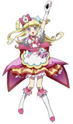 Rule 34 | 1girl, :d, arm up, blonde hair, blue bow, boots, bow, commentary request, cosplay, cure precious, cure precious (cosplay), delicious party precure, dress, edamame (buruburu), flower, food, food on face, frilled dress, frills, full body, gloves, hair bow, hair flower, hair ornament, hairband, hand on own cheek, hand on own face, hand up, highres, holding, holding food, idol time pripara, knee boots, kneehighs, long hair, looking at viewer, magical girl, onigiri, open mouth, pink bow, pink dress, precure, pretty series, pripara, purple eyes, rice cooker, ringlets, simple background, smile, socks, solo, standing, takki (pripara), two side up, white background, white flower, white footwear, white gloves, white hairband, yumekawa yui