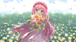 Rule 34 | 1girl, bare arms, bare shoulders, blue flower, blurry, blurry background, blush, bouquet, closed mouth, comic girls, commentary request, day, depth of field, dress, field, flower, flower field, frilled dress, frills, hair flower, hair ornament, long hair, looking at viewer, moeta kaoruko, hugging object, outdoors, pink dress, pink flower, pink hair, purple eyes, red flower, signature, smile, solo, umiroku, very long hair, white flower, yellow flower