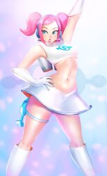 Rule 34 | 1girl, boots, breasts, crop top, gloves, hand on own hip, headphones, highres, lips, medium breasts, medium hair, pink hair, skirt, sleeveless, space channel 5, topsieturvy, twintails, ulala
