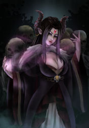 Rule 34 | 1girl, aura, black hair, breasts, brooch, chinese clothes, cleavage, demon girl, forehead jewel, hexelica, highres, horn ornament, horn ring, horns, jewelry, long hair, pointy ears, solo, thunderbolt fantasy, undead, xing hai