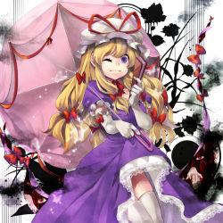 Rule 34 | 1girl, aged down, blonde hair, elbow gloves, female focus, gap (touhou), gloves, hand fan, hat, long hair, md5 mismatch, nanarinca, one eye closed, purple eyes, solo, thighhighs, touhou, umbrella, white gloves, white thighhighs, wink, yakumo yukari, yakumo yukari (young)