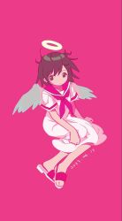 Rule 34 | 1girl, angel, brown eyes, brown hair, closed mouth, commentary, dated, dress, feathered wings, full body, grey wings, haibane renmei, halo, highres, looking at viewer, neckerchief, pink background, pink neckerchief, pink sailor collar, rakka (haibane), sailor collar, sailor dress, sandals, satyrascu, short hair, short sleeves, simple background, sitting, solo, white dress, wings