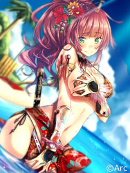 Rule 34 | 1girl, bare shoulders, beniimo danshaku, bikini, blush, grabbing another&#039;s breast, breasts, cleavage, closed mouth, cloud, company name, copyright request, covering privates, covering breasts, day, dutch angle, english text, flower, grabbing, green eyes, hair flower, hair ornament, highres, large breasts, long hair, looking at viewer, navel, outdoors, palm tree, ponytail, red hair, ribbon-trimmed bikini, sheath, sheathed, side-tie bikini bottom, sky, solo, sparkle, standing, strap gap, sunlight, swimsuit, tree, wading, water, watermark, weapon