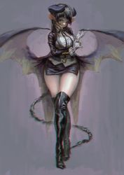 Rule 34 | 1girl, adjusting clothes, adjusting gloves, black eyes, black hair, black jacket, boots, breasts, demon girl, demon horns, demon tail, demon wings, forked tongue, gloves, grey background, high heel boots, high heels, highres, horns, jacket, jonpei, knee boots, large breasts, licking lips, long hair, long tongue, looking at viewer, low wings, miniskirt, open clothes, open jacket, pointy ears, skirt, solo, tail, thick thighs, thigh boots, thighhighs, thighs, tongue, tongue out, white gloves, wide hips, wings