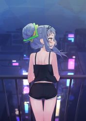 Rule 34 | 1girl, ass, bare shoulders, black camisole, black hairband, black shorts, blunt bangs, brown eyes, camisole, cityscape, commentary request, from behind, grey hair, hair bun, hairband, hololive, long hair, looking away, looking to the side, midriff peek, murasaki shion, night, outdoors, profile, railing, short shorts, shorts, sidelocks, single hair bun, solo, syhan, virtual youtuber