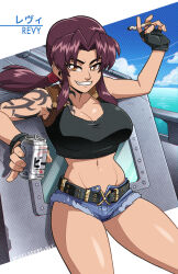 Rule 34 | 1girl, artist name, belt, black gloves, black lagoon, blue sky, breasts, brown eyes, brown hair, character name, cigarette, cleavage, cloud, cloudy sky, cowboy shot, crop top, cutoffs, day, denim, denim shorts, fingerless gloves, gloves, highres, holster, horizon, large breasts, midriff, mike luckas, navel, parted lips, ponytail, revy (black lagoon), short shorts, shorts, shoulder holster, sky, smile, solo, tattoo