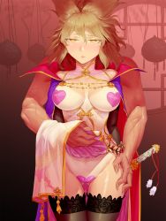 Rule 34 | 1boy, 1girl, alternate costume, belt, black thighhighs, blonde hair, breasts, breasts out, cape, china dress, chinese clothes, cleavage cutout, clothed female nude male, clothes lift, clothing cutout, cowboy shot, dress, gluteal fold, heart, heart-shaped pupils, hetero, highres, incense, maebari, muscular, muscular male, navel cutout, nipples, nude, pasties, pelvic curtain, pelvic curtain lift, purple cape, shinburu, sleeveless, sleeveless dress, solo focus, sword, symbol-shaped pupils, tan, tanline, thigh grab, thighhighs, touhou, toyosatomimi no miko, veins, weapon, yellow eyes