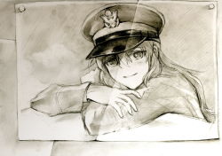 Rule 34 | 1girl, bad id, bad pixiv id, blush, charlotte e. yeager, crossed arms, hat, kisetsu, monochrome, photo (medium), photo (object), pin, sepia, sketch, smile, solo, strike witches, traditional media, uniform, world witches series