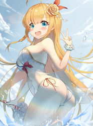 Rule 34 | 1girl, absurdres, ass, bare arms, bare shoulders, bikini, blonde hair, blue eyes, breasts, cloud, day, flower, from side, hair flower, hair ornament, highres, keureu (tiqkdtiqkd10), large breasts, lens flare, looking at viewer, navel, open mouth, outdoors, pecorine (princess connect!), pecorine (summer) (princess connect!), princess connect!, rose, side-tie bikini bottom, smile, solo, splashing, summer, swimsuit, v, wading, white bikini, yellow flower, yellow rose